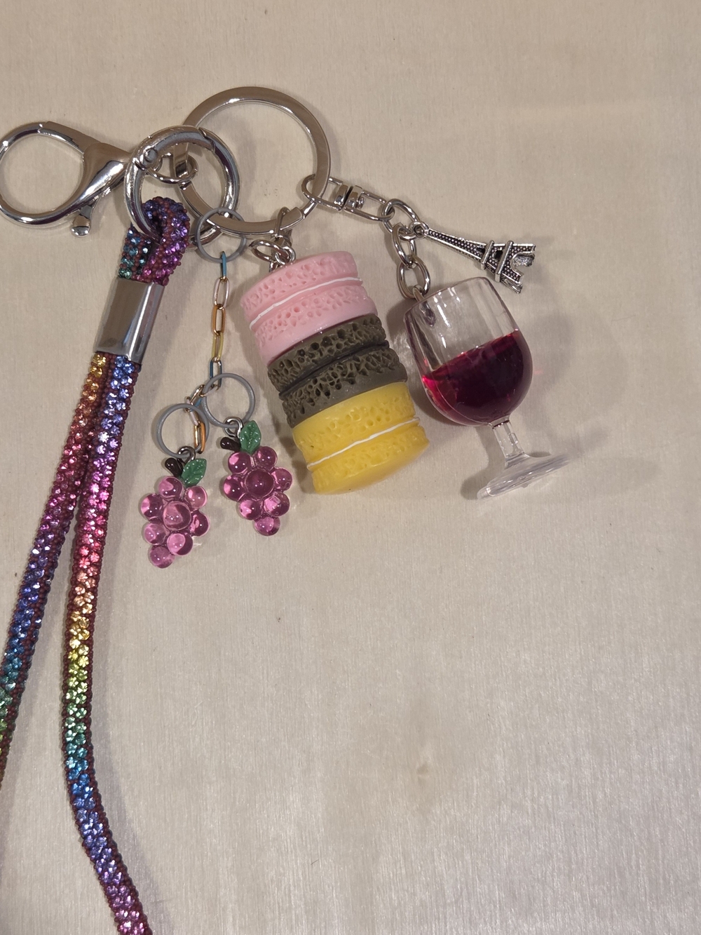 Paris Wine & Macaron Bag Charm Keychain Rainbow Rhinestone Wristlet Lanyard